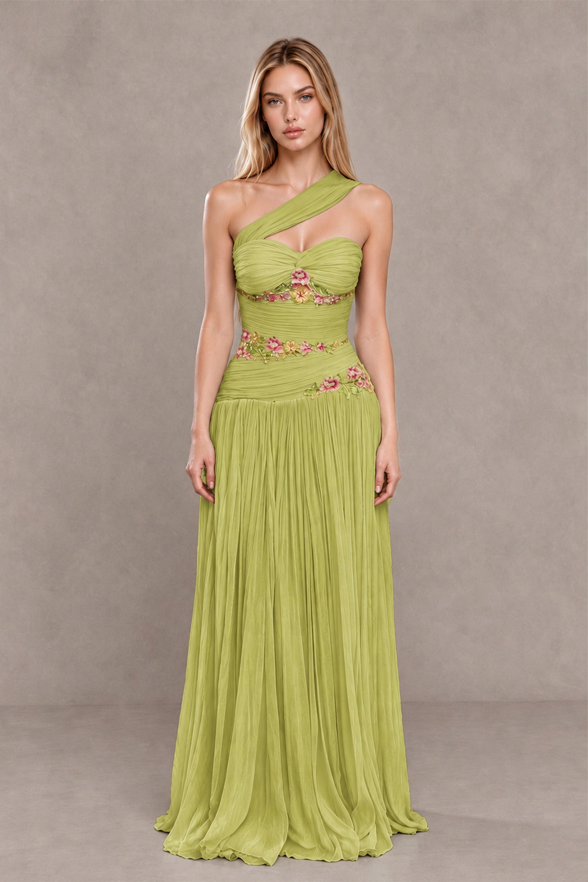 BOLODOO Chartreuse One-Shoulder Floral Applique A-Line Evening Dress - Chartreuse - Chartreuse_1
