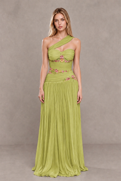 BOLODOO Chartreuse One-Shoulder Floral Applique A-Line Evening Dress - Chartreuse - Chartreuse_1