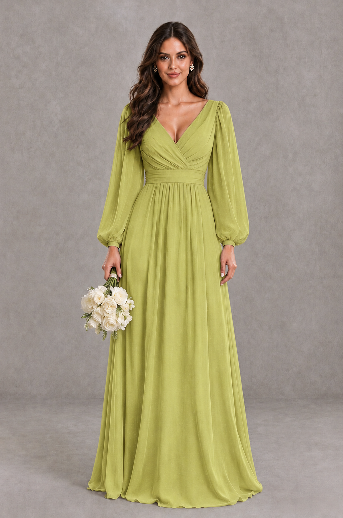BOLODOO Chartreuse Long Sleeve V-Neck A-Line Bridesmaid Dress - Chartreuse - Chartreuse_1