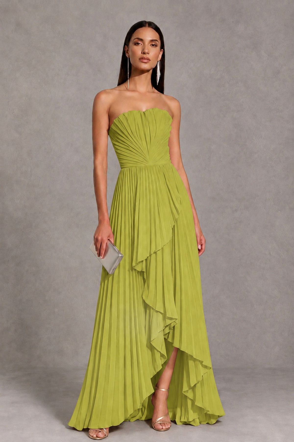 Chartreuse Strapless Pleated High-Low Evening Gown with Ruffle Hem - Chartreuse - Chartreuse_1