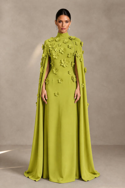 BOLODOO Chartreuse 3D Floral Applique Cape Formal Dress - Chartreuse - Chartreuse_1