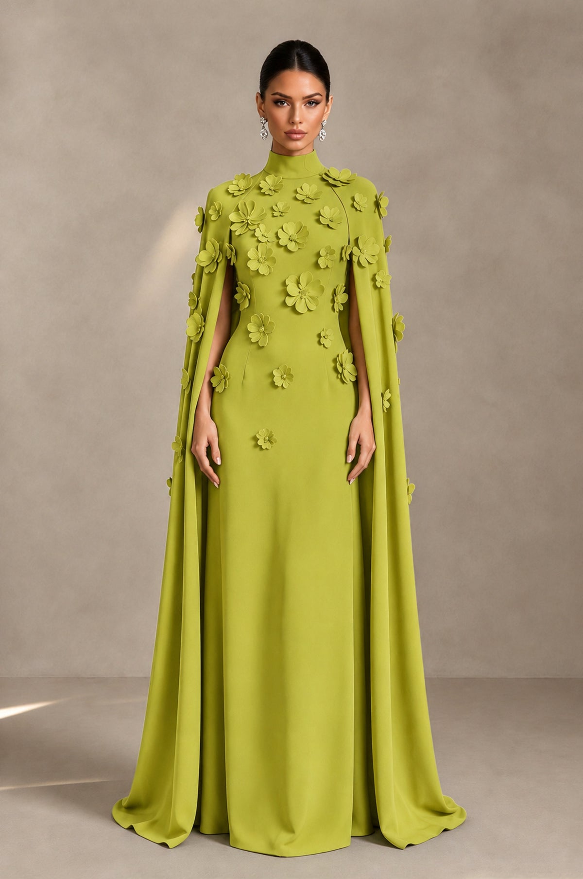 BOLODOO Chartreuse 3D Floral Applique Cape Formal Dress - Chartreuse - Chartreuse_1