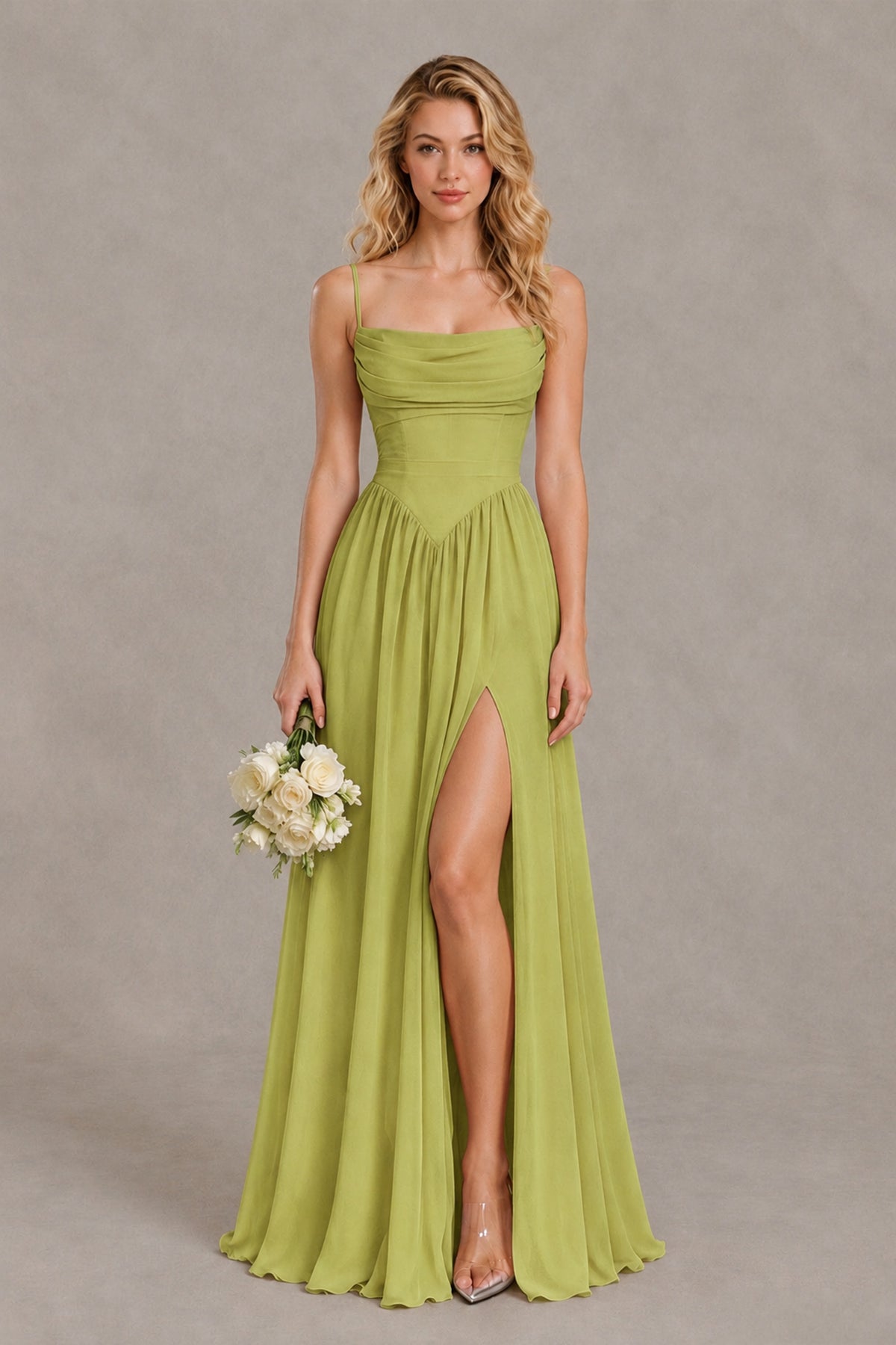 BOLODOO Chartreuse Spaghetti Strap A-Line Bridesmaid Dress with Slit - Chartreuse - Chartreuse_1