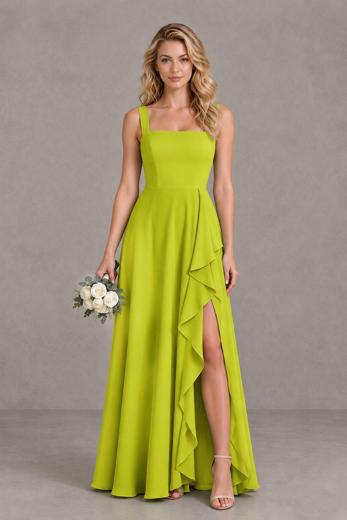 BOLODOO Chartreuse Square Neck Ruffle A-Line Bridesmaid Dress with Slit - Chartreuse - Chartreuse_1