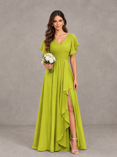 BOLODOO Chartreuse Flutter Sleeve V-Neck Bridesmaid Dress with Ruffle Slit - Chartreuse - Chartreuse_1