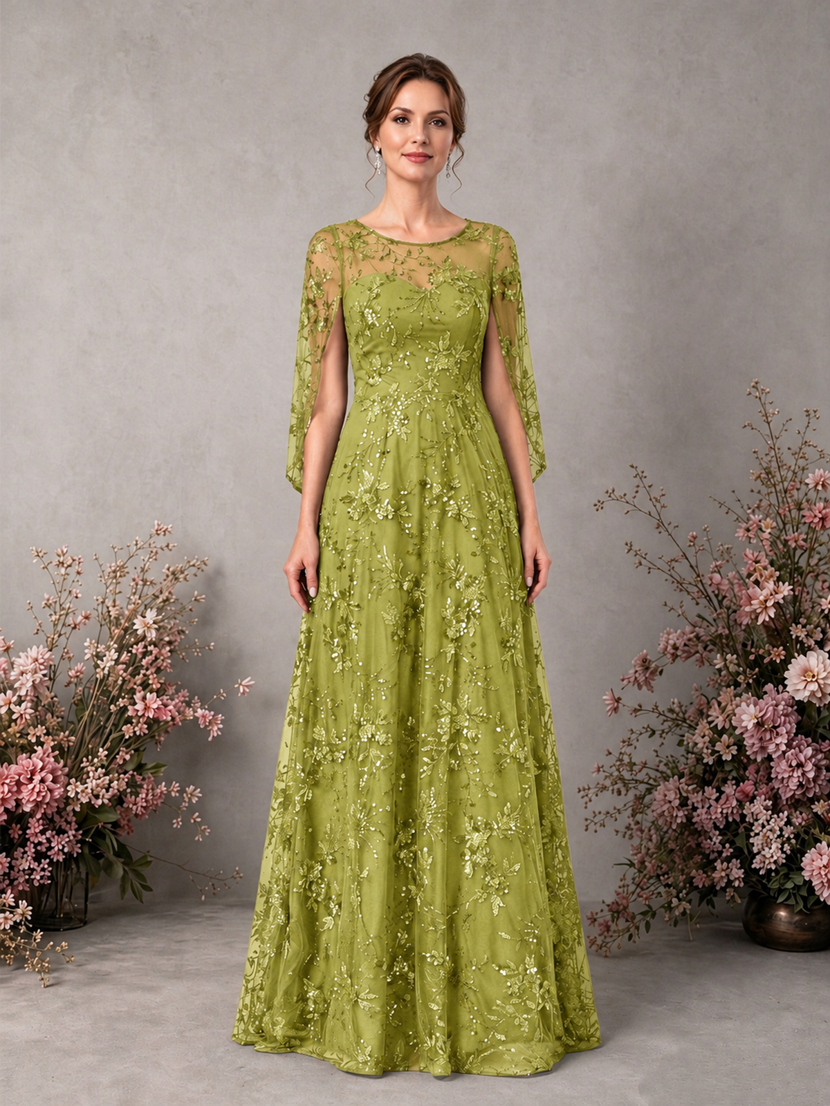 BOLODOO Chartreuse Sequin Lace Cape Sleeve Formal Evening Gown - Chartreuse - Chartreuse_1
