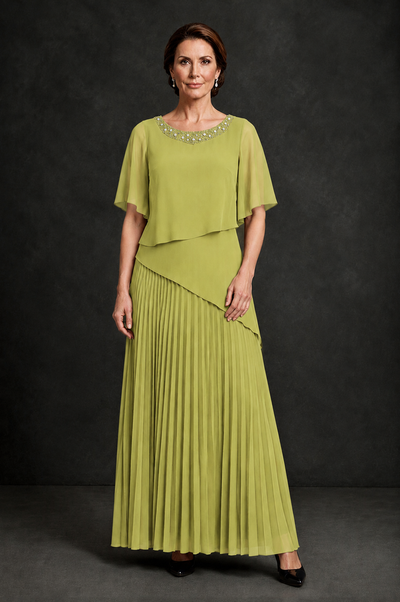 BOLODOO Chartreuse Pearl Beaded Neck Asymmetric Tiered Flutter Sleeve Pleated Chiffon Maxi Dress - Chartreuse - Chartreuse_1