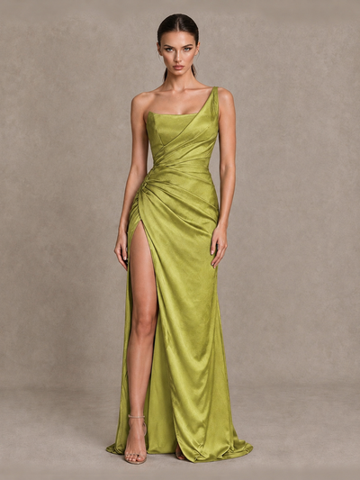 BOLODOO Chartreuse One Shoulder Satin Evening Gown with High Slit and Sweep Train - Chartreuse - Chartreuse_1