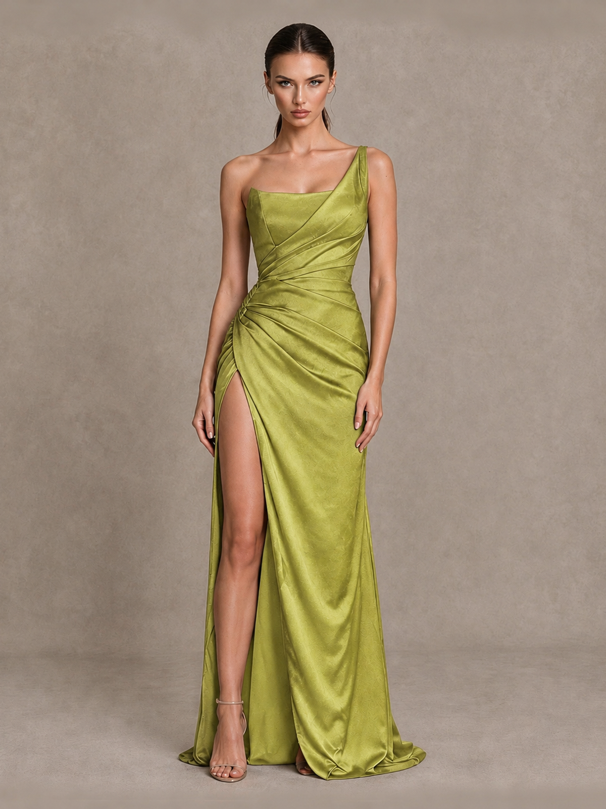 BOLODOO Chartreuse One Shoulder Satin Evening Gown with High Slit and Sweep Train - Chartreuse - Chartreuse_1