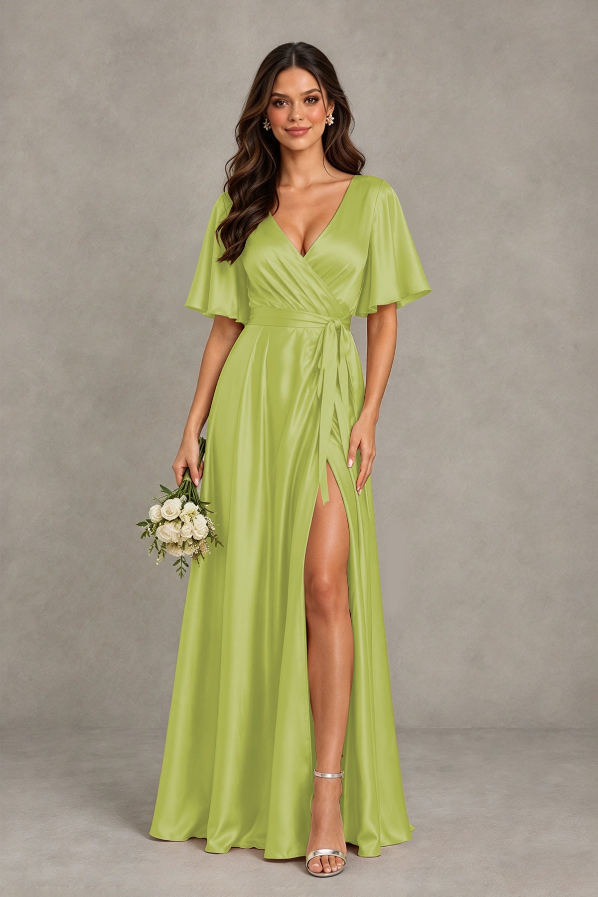 BOLODOO Chartreuse Satin V-Neck Flutter Sleeve Bridesmaid Dress with Slit - Chartreuse - Chartreuse(1)