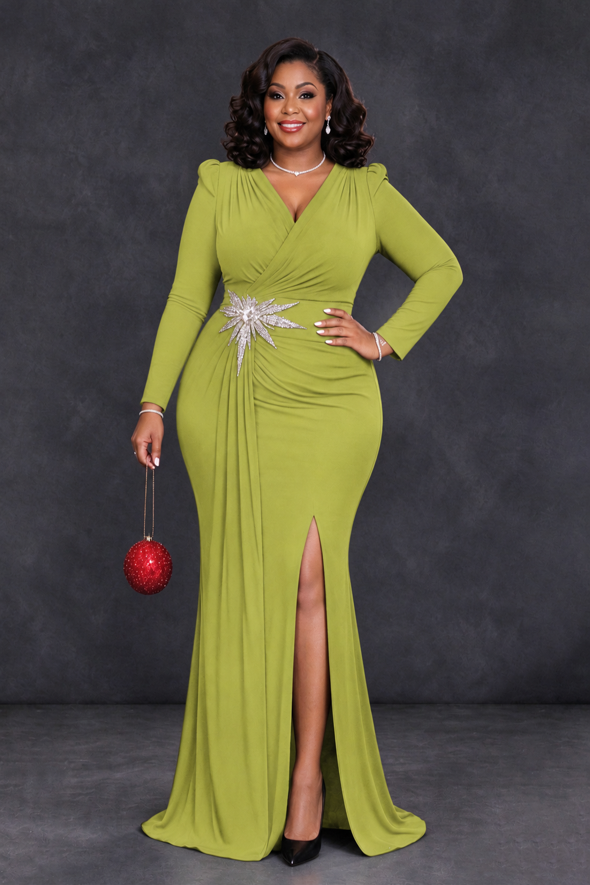 BOLODOO Chartreuse Plus Size Long Sleeve V-Neck Mother of the Bride Dress with Slit - Chartreuse - Chartreuse_1