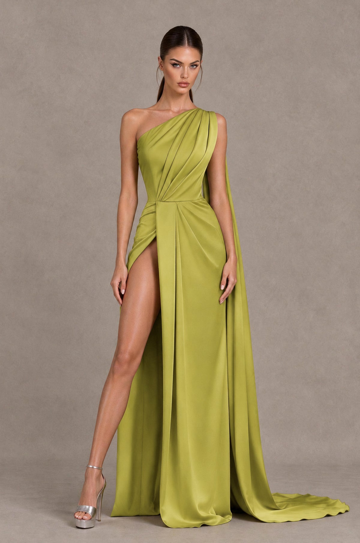 BOLODOO Chartreuse One Shoulder Satin Evening Dress with High Slit and Draped Cape Train - Chartreuse - Chartreuse_1