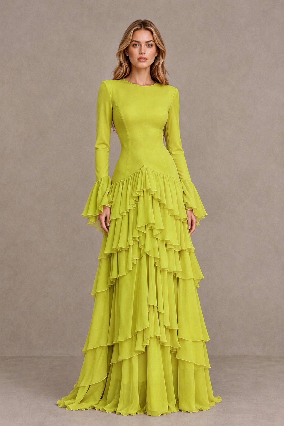 Chartreuse Long Sleeve Tiered Ruffle Evening Gown - Chartreuse - Chartreuse_1