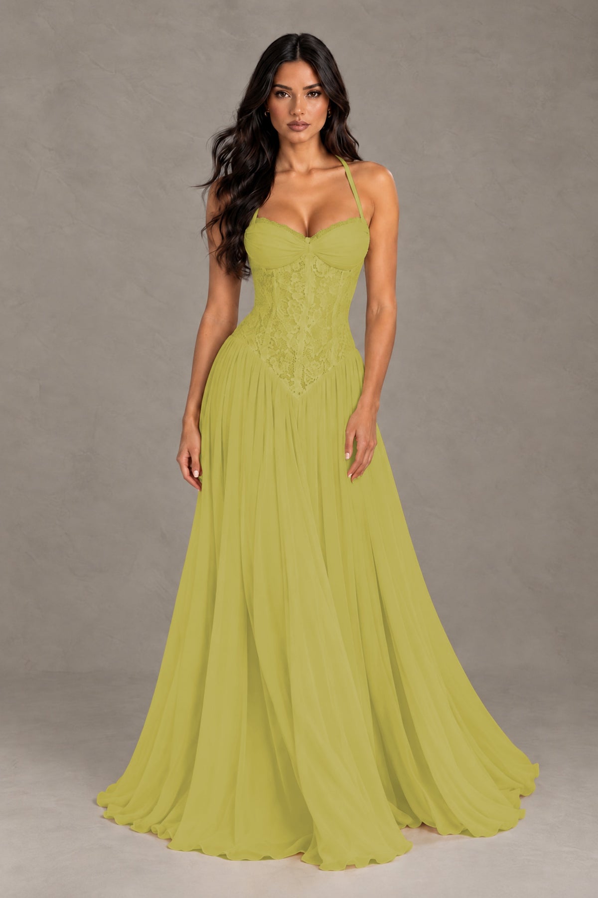 BOLODOO Chartreuse Lace Corset Halter Maxi Gown – Backless A-Line Formal Dress - Chartreuse - Chartreuse(1)