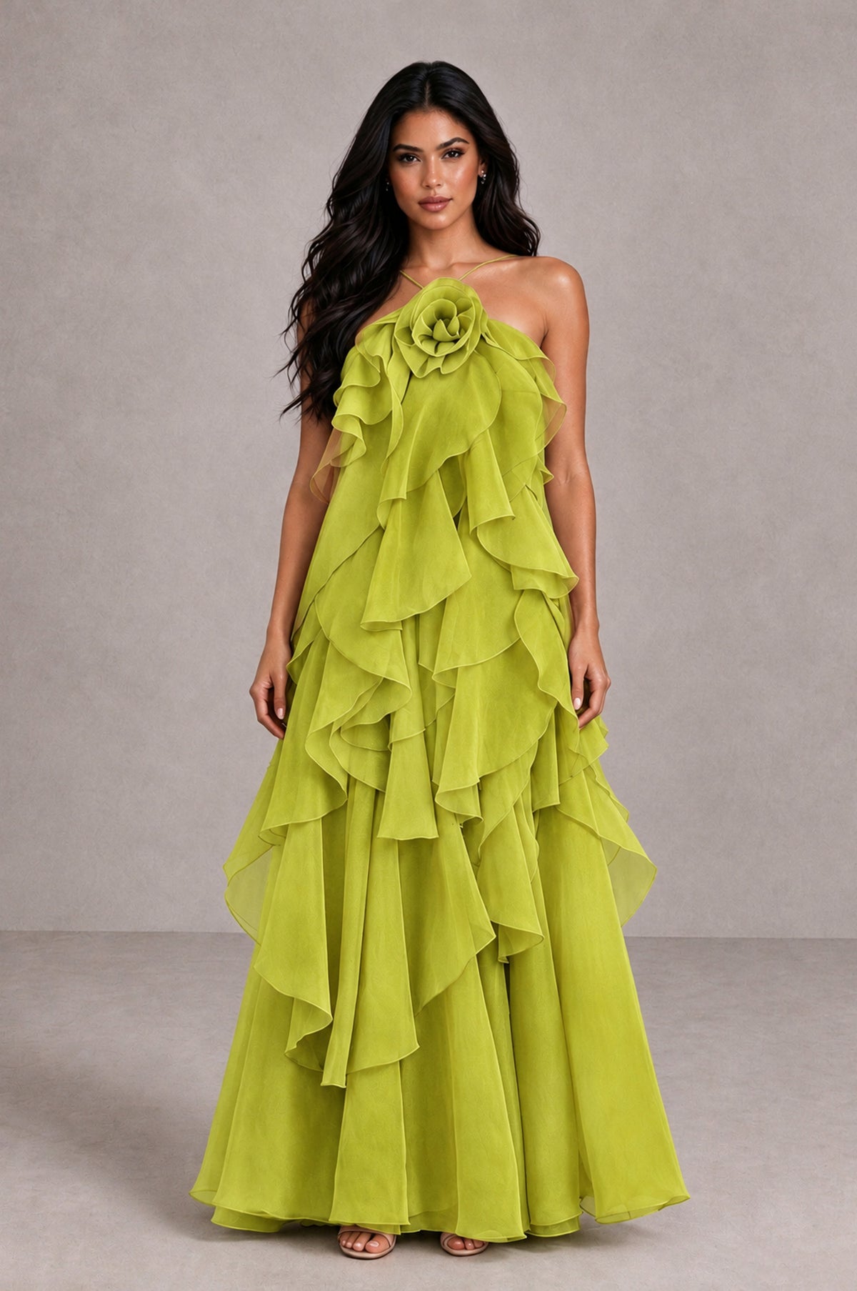 BOLODOO Chartreuse Cascading Ruffle Rosette Open-Back Maxi Dress - Chartreuse - Chartreuse_1