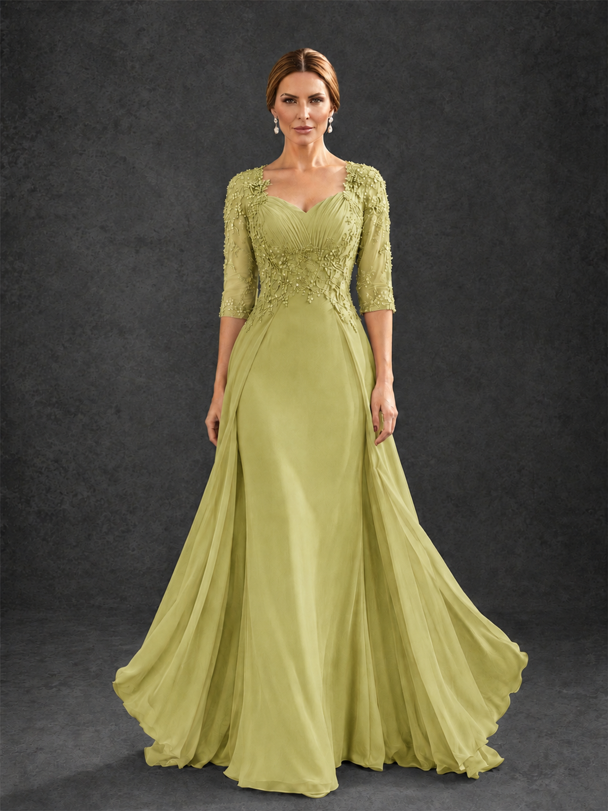 BOLODOO Chartreuse Sweetheart Neck 3/4 Sleeve Floral Lace Illusion Bodice Chiffon A-Line Gown - Chartreuse - Chartreuse_1