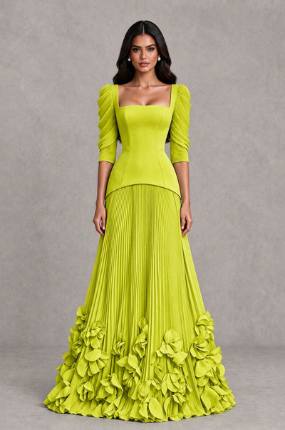 BOLODOO Chartreuse Square Neck Pleated Floral Applique Evening Dress - Chartreuse - Chartreuse_1