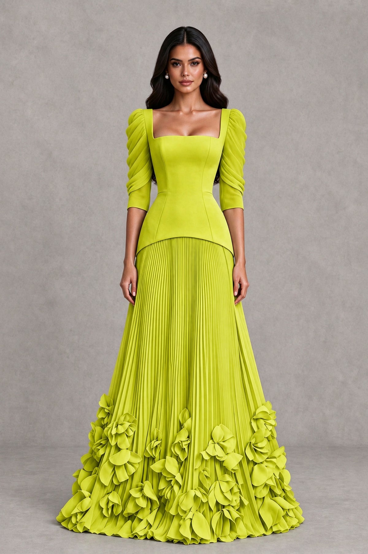 BOLODOO Chartreuse Square Neck Pleated Floral Applique Evening Dress - Chartreuse - Chartreuse_1