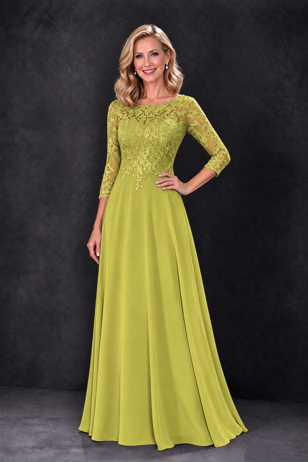 BOLODOO Chartreuse Lace Embroidered Mother of the Bride Dress with 3/4 Sleeves - Chartreuse - Chartreuse_1