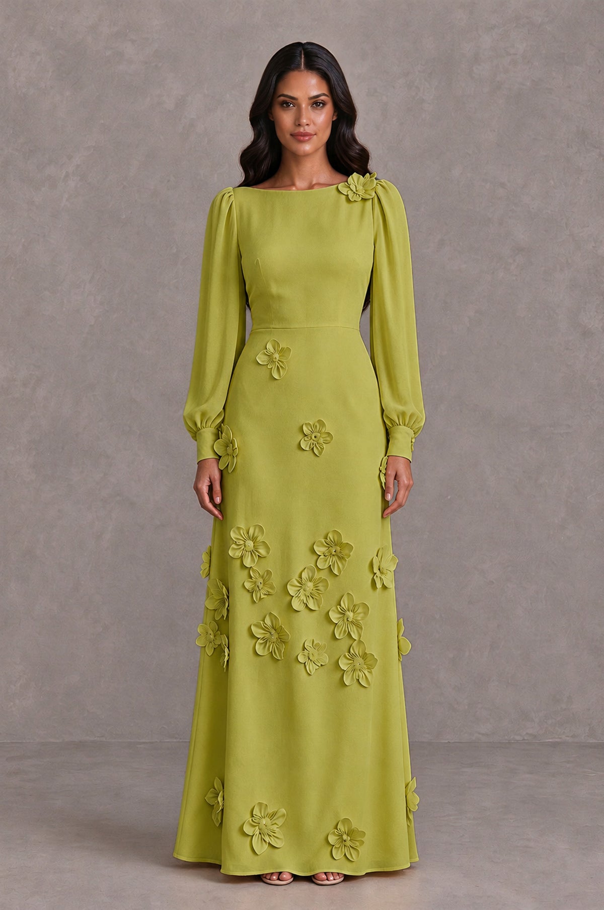 BOLODOO Chartreuse Long Sleeve Floral Applique A-Line Evening Dress - Chartreuse - Chartreuse_1