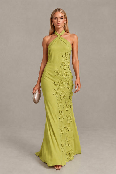 BOLODOO Chartreuse Cross Halter Neck 3D Floral Appliqué Backless Mermaid Maxi Gown - Chartreuse - Chartreuse_1