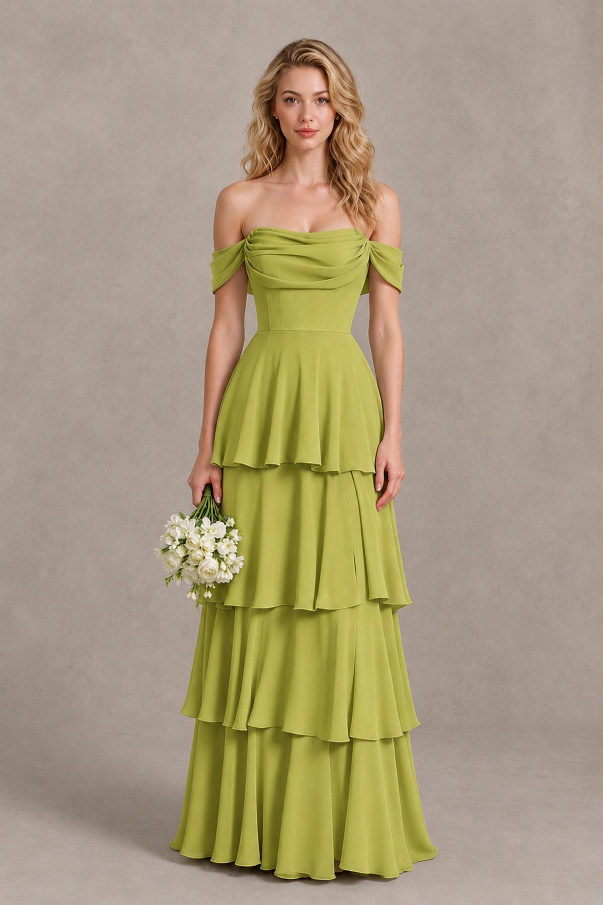 BOLODOO Chartreuse Off-the-Shoulder Tiered A-Line Evening Bridesmaid Dress - Chartreuse - Chartreuse_1