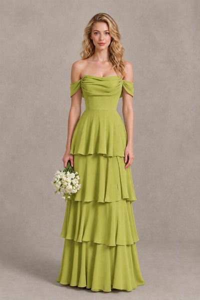 BOLODOO Chartreuse Off-the-Shoulder Tiered A-Line Evening Bridesmaid Dress - Chartreuse - Chartreuse_1