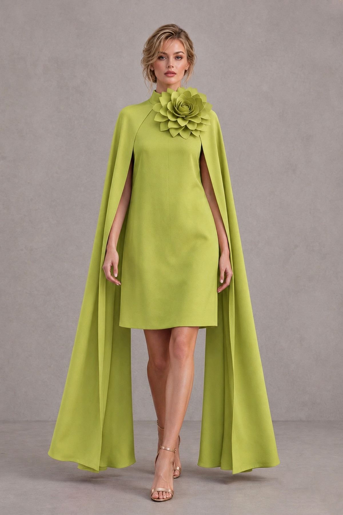 BOLODOO Chartreuse High Neck Floral Cape Mini Cocktail Dress - Chartreuse - Chartreuse_1