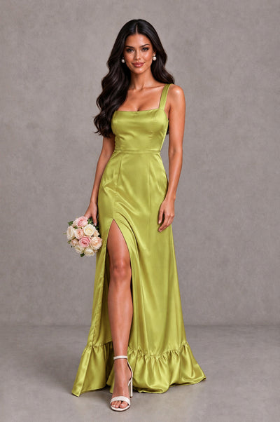 BOLODOO Chartreuse Square Neck Satin Evening Dress with Lace-Up Back and High Slit - Chartreuse - Chartreuse_1