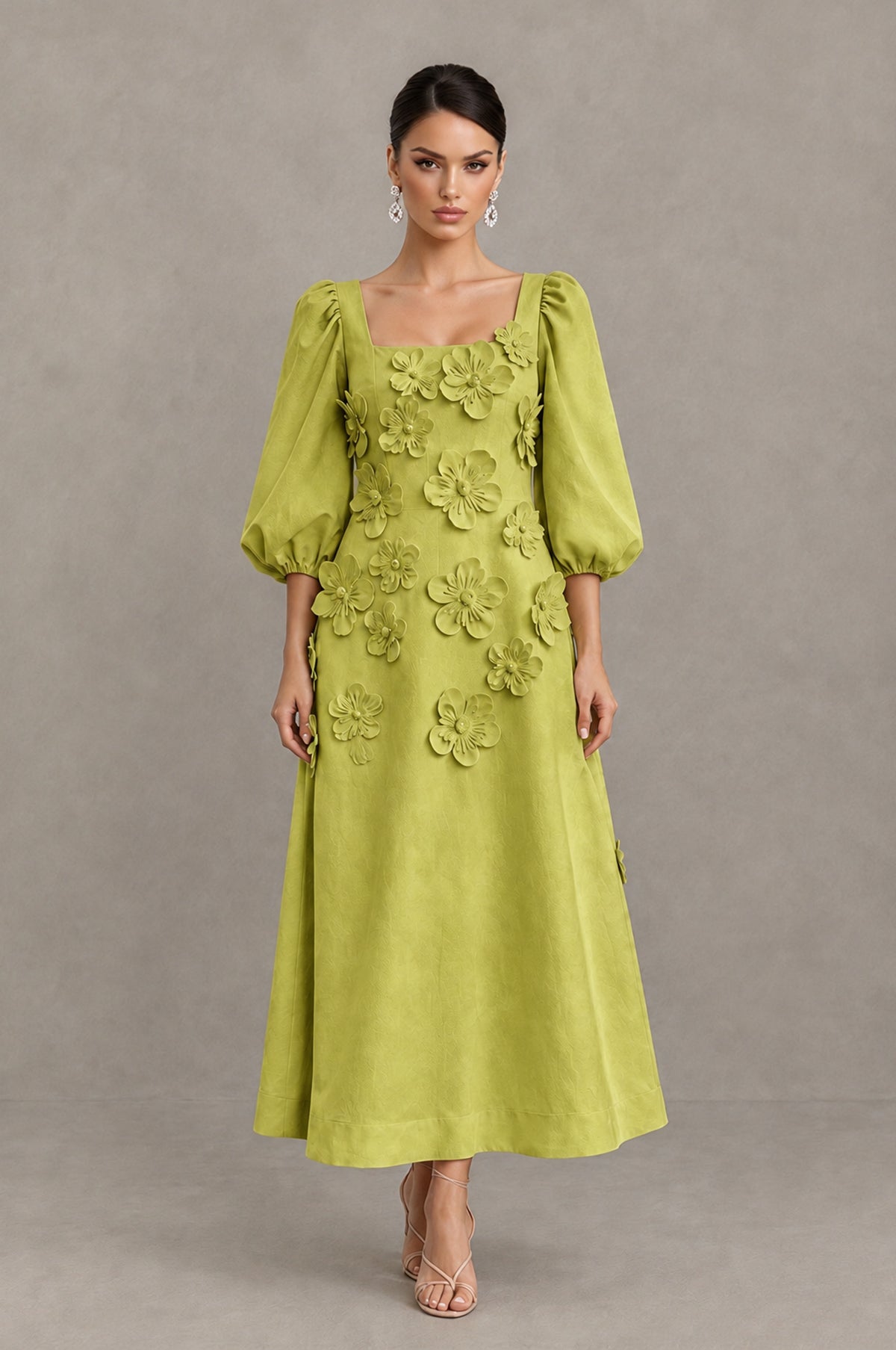 BOLODOO Chartreuse 3D Floral Puff Sleeve Midi Cocktail Dress - Chartreuse - Chartreuse_1