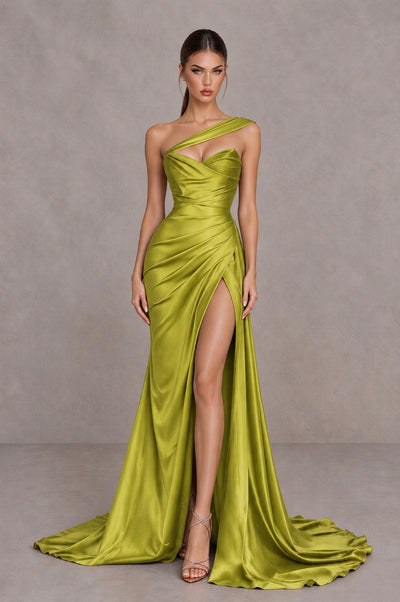 BOLODOO Chartreuse One Shoulder Satin Mermaid Evening Dress with Ruched Slit Skirt - Chartreuse - Chartreuse_1