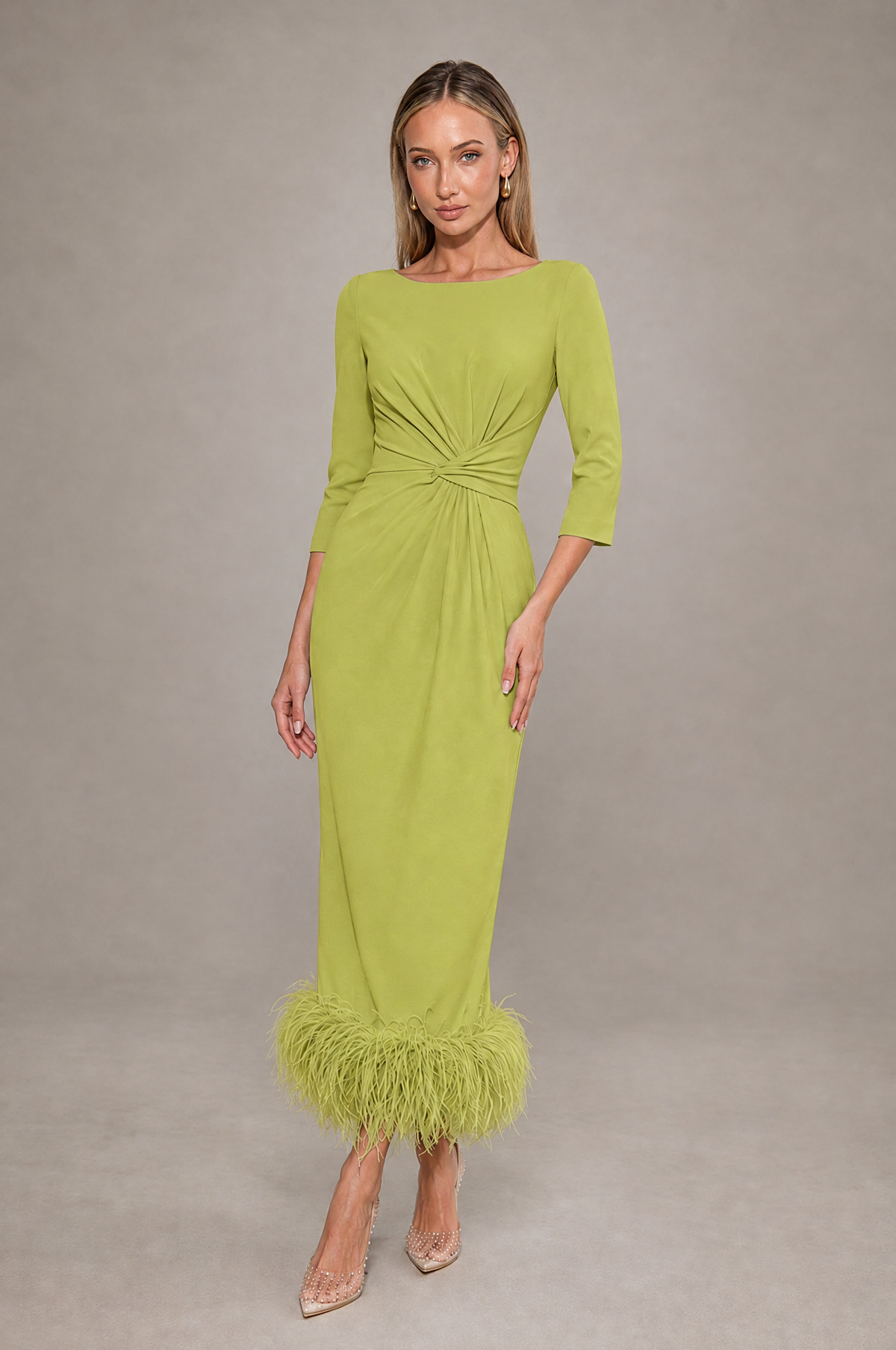 BOLODOO Chartreuse Feather-Trim Twist-Waist Midi Dress - Chartreuse - Chartreuse_1