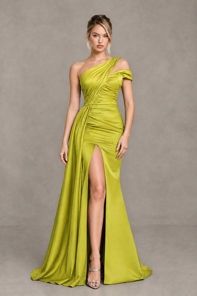 BOLODOO Chartreuse Asymmetric Ruched Formal Evening Dress - Chartreuse - Chartreuse_1