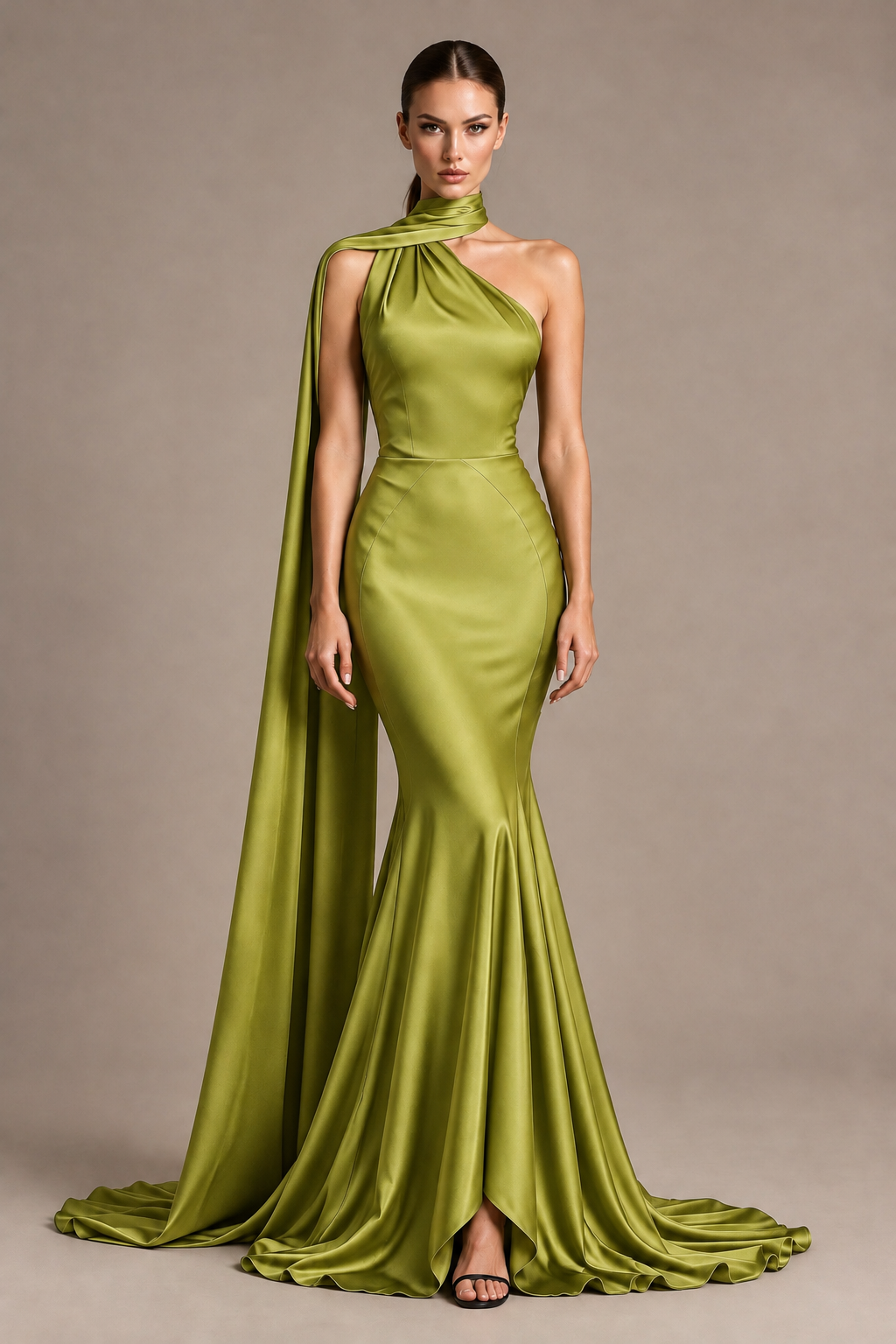 BOLODOO Chartreuse One-Shoulder Satin Mermaid Evening Dress with Scarf - Chartreuse - Chartreuse_1