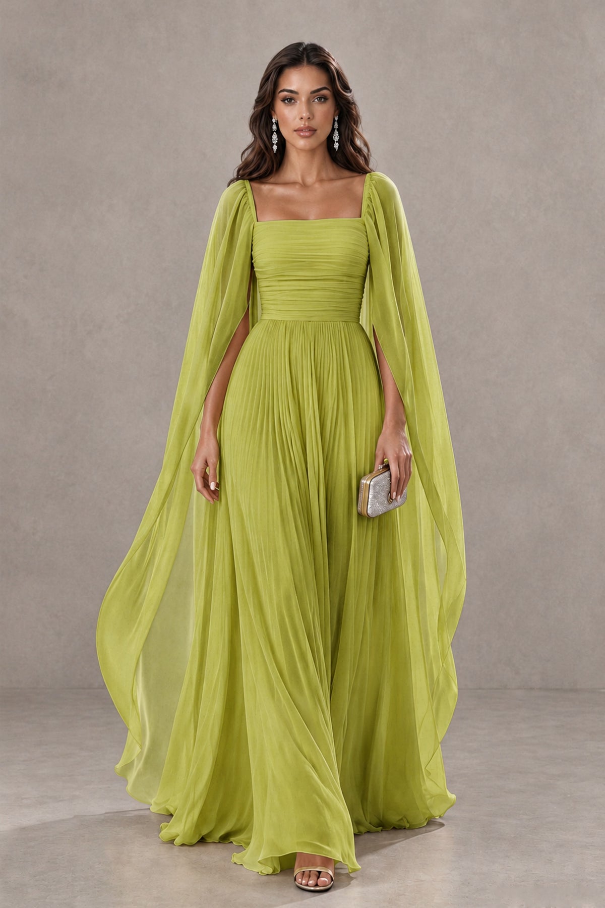 BOLODOO Chartreuse Square Neck Cape Sleeve A-Line Evening Dress - Chartreuse - Chartreuse_1