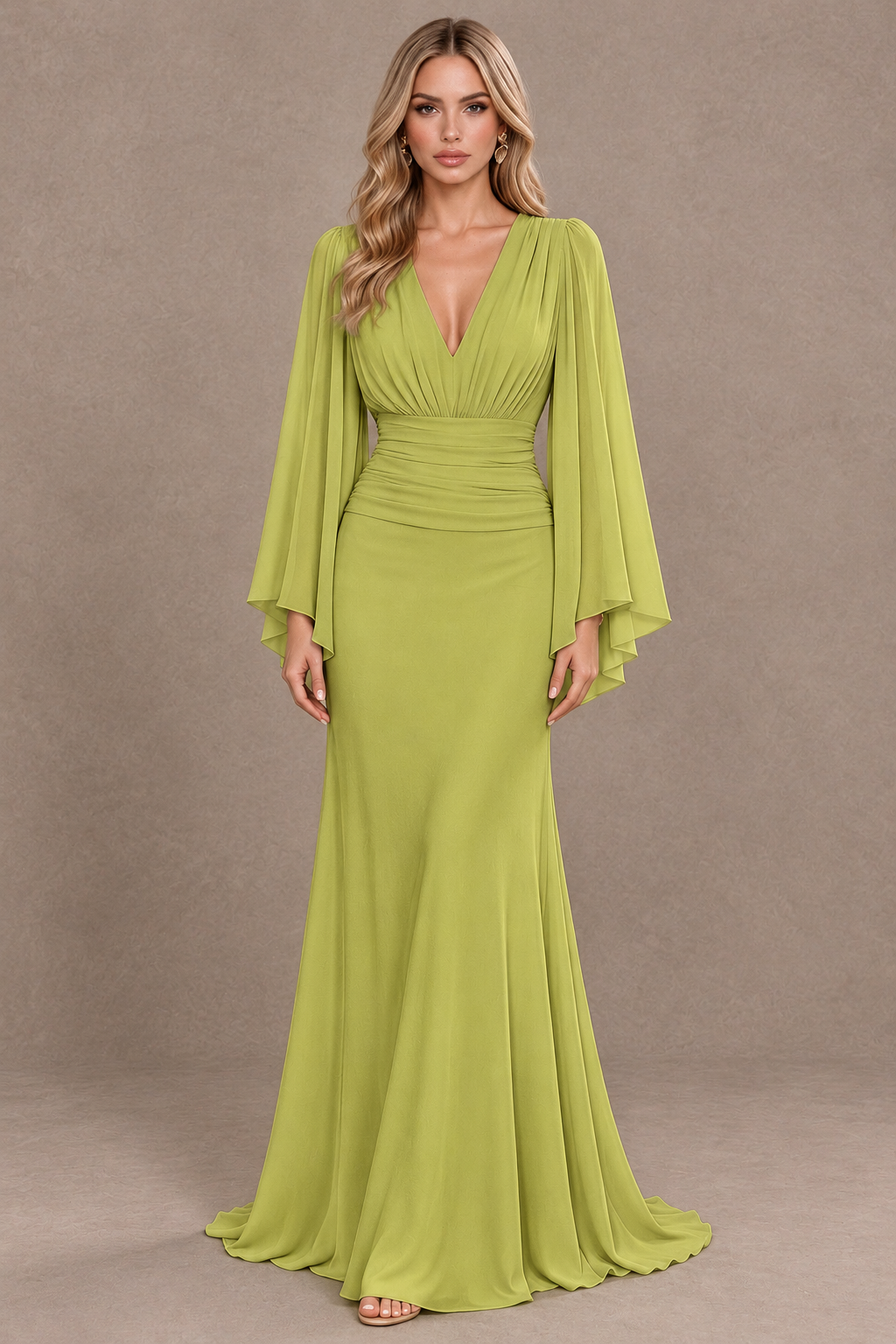 BOLODOO Chartreuse Cape Sleeve V-Neck Ruched Chiffon Evening Dress - Chartreuse - Chartreuse_1