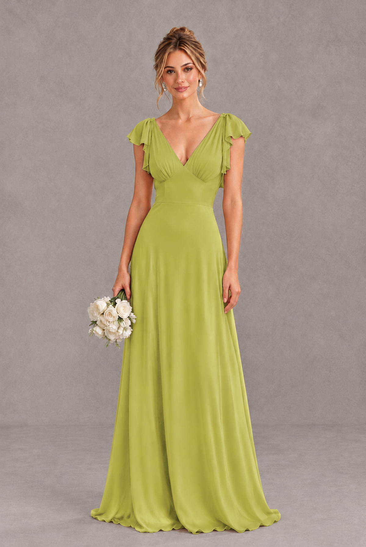 BOLODOO Chartreuse V-Neck Flutter Sleeve A-Line Bridesmaid Dress - Chartreuse - Chartreuse_1