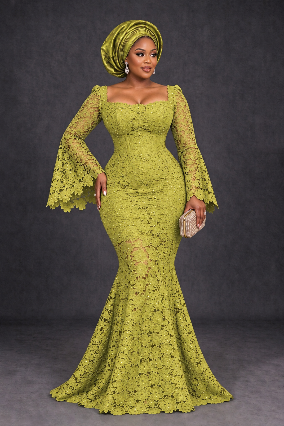 BOLODOO Chartreuse African Lace Mermaid Dress, Plus Size Nigerian Wedding Guest Gown with Bell Sleeves - Chartreuse - Chartreuse_1