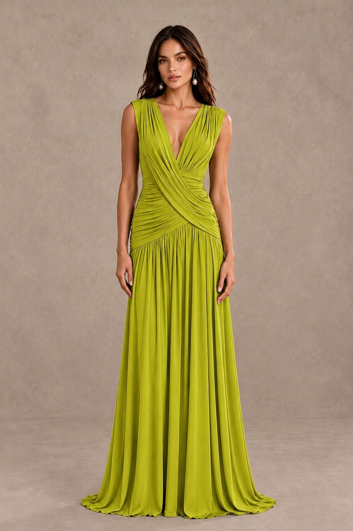BOLODOO Chartreuse V-Neck Ruched Wedding Guest Dress - Chartreuse - Chartreuse_1