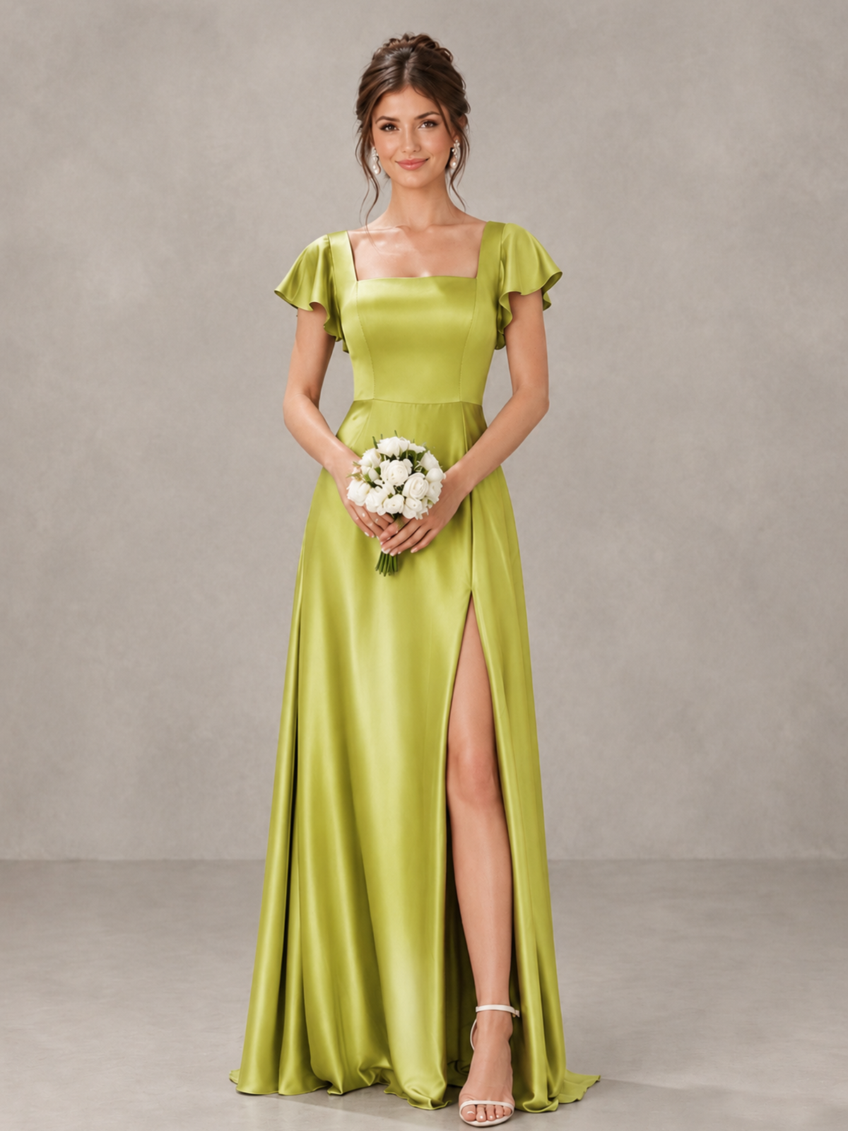 BOLODOO Chartreuse Satin Square Neck Flutter Sleeve A-Line Bridesmaid Dress with Slit - Chartreuse - Chartreuse_1