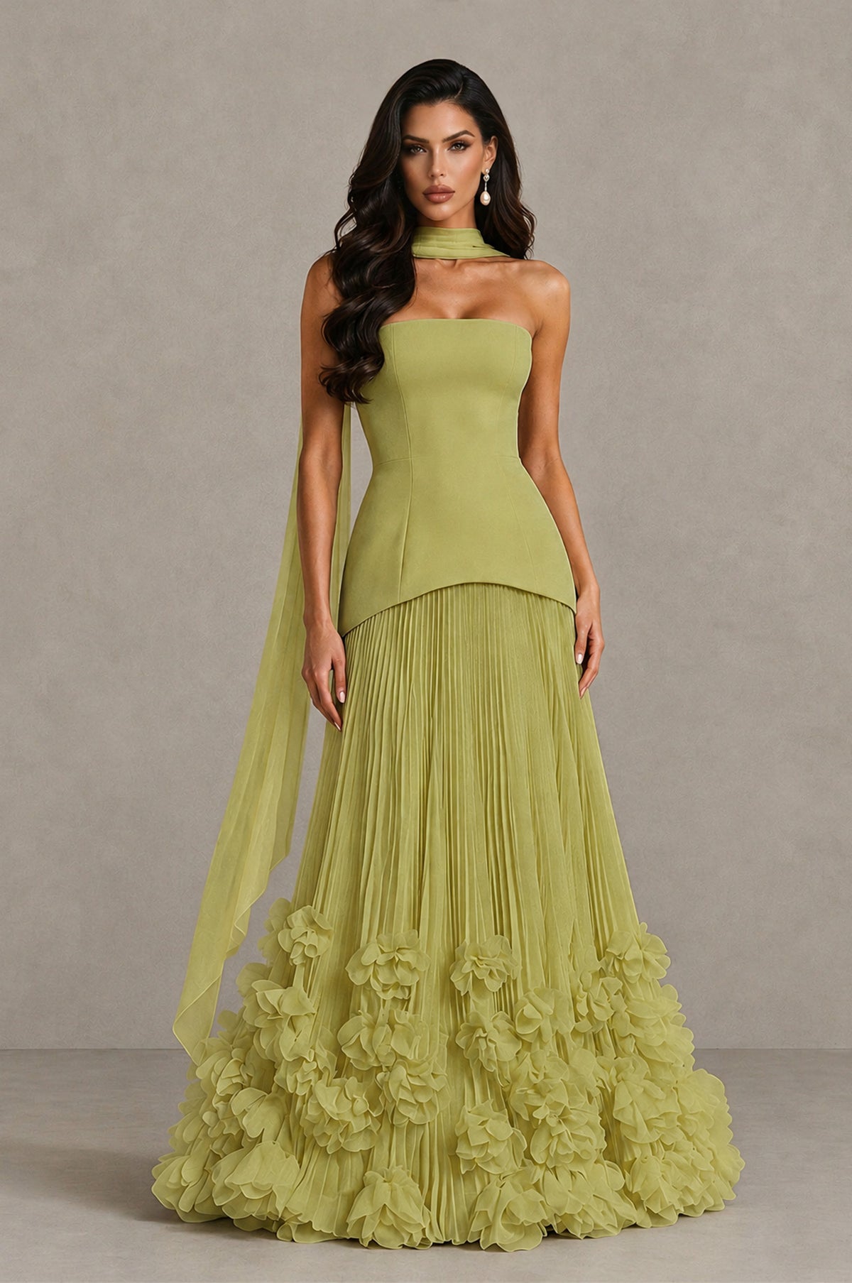 BOLODOO Chartreuse Strapless Pleated Floral Hem Evening Gown - Chartreuse - Chartreuse_1