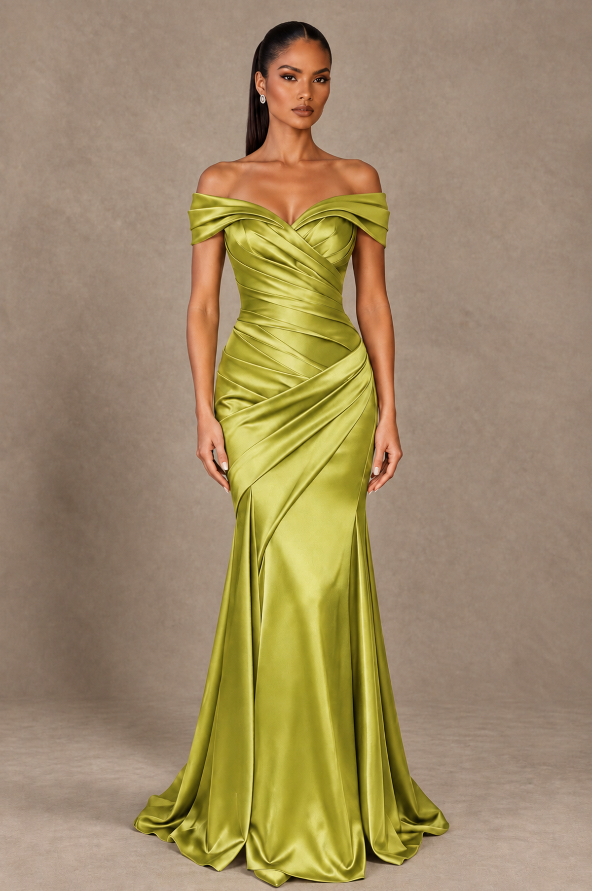 BOLODOO Chartreuse Off-the-Shoulder Ruched Satin Mermaid Evening Dress - Chartreuse - Chartreuse_1