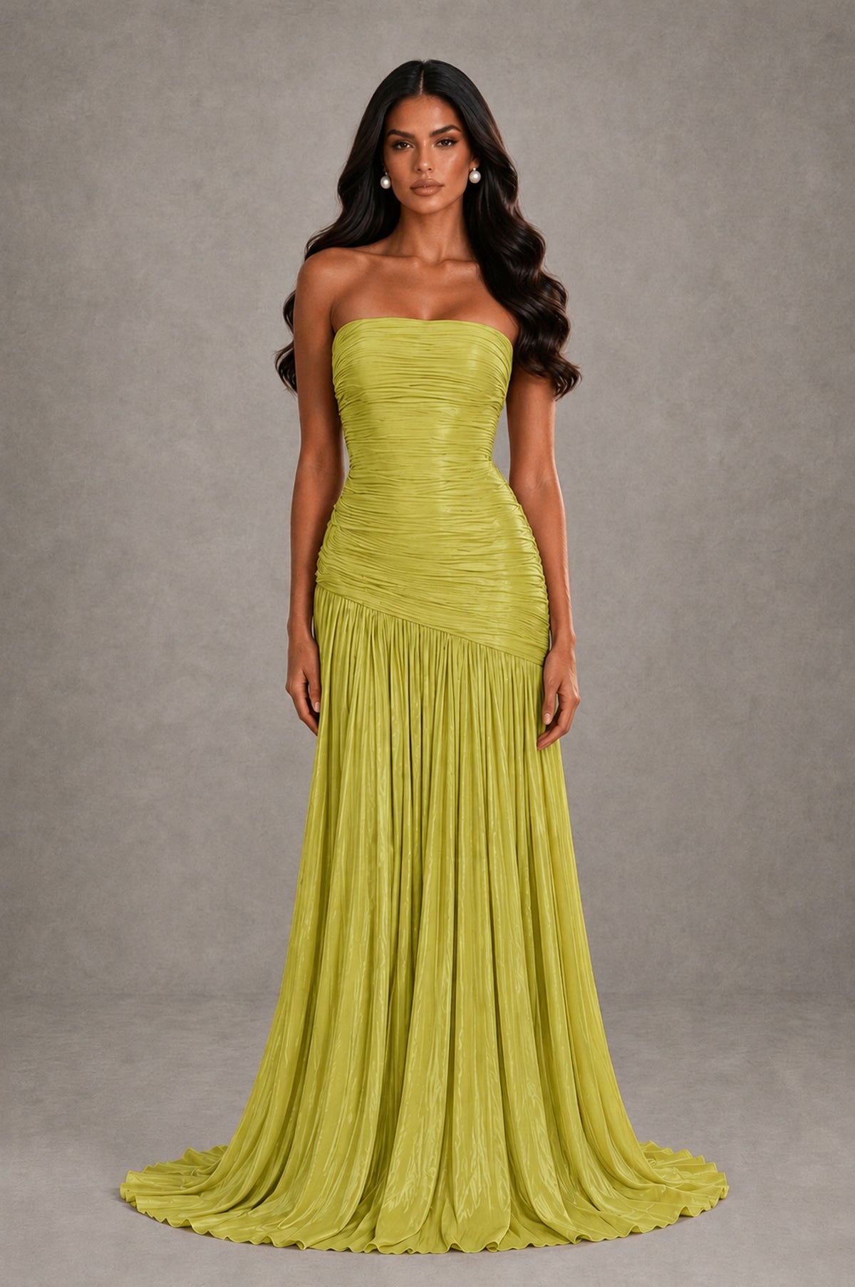 BOLODOO Chartreuse Metallic Ruched Strapless Pleated A-Line Backless Maxi Dress with Train - Chartreuse - Chartreuse_1