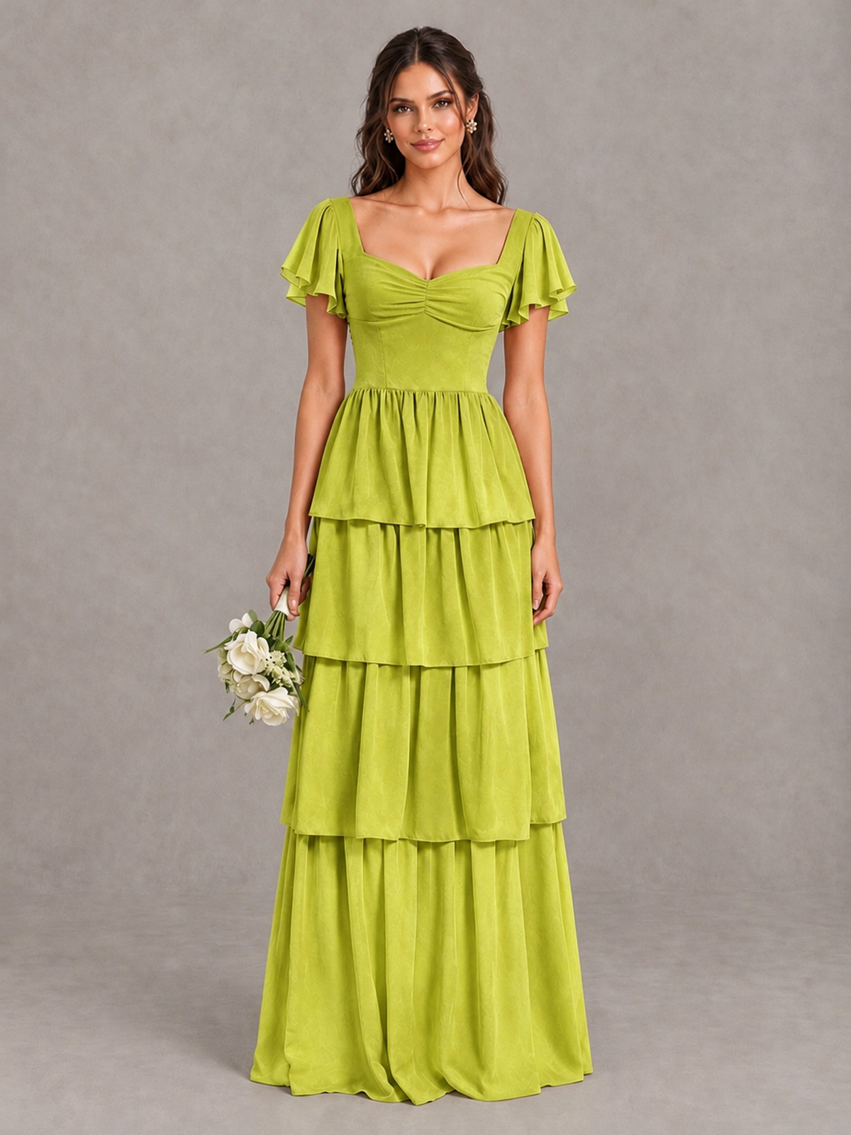 BOLODOO Chartreuse Flutter Sleeve Tiered Maxi Bridesmaid Dress - Chartreuse - Chartreuse_1