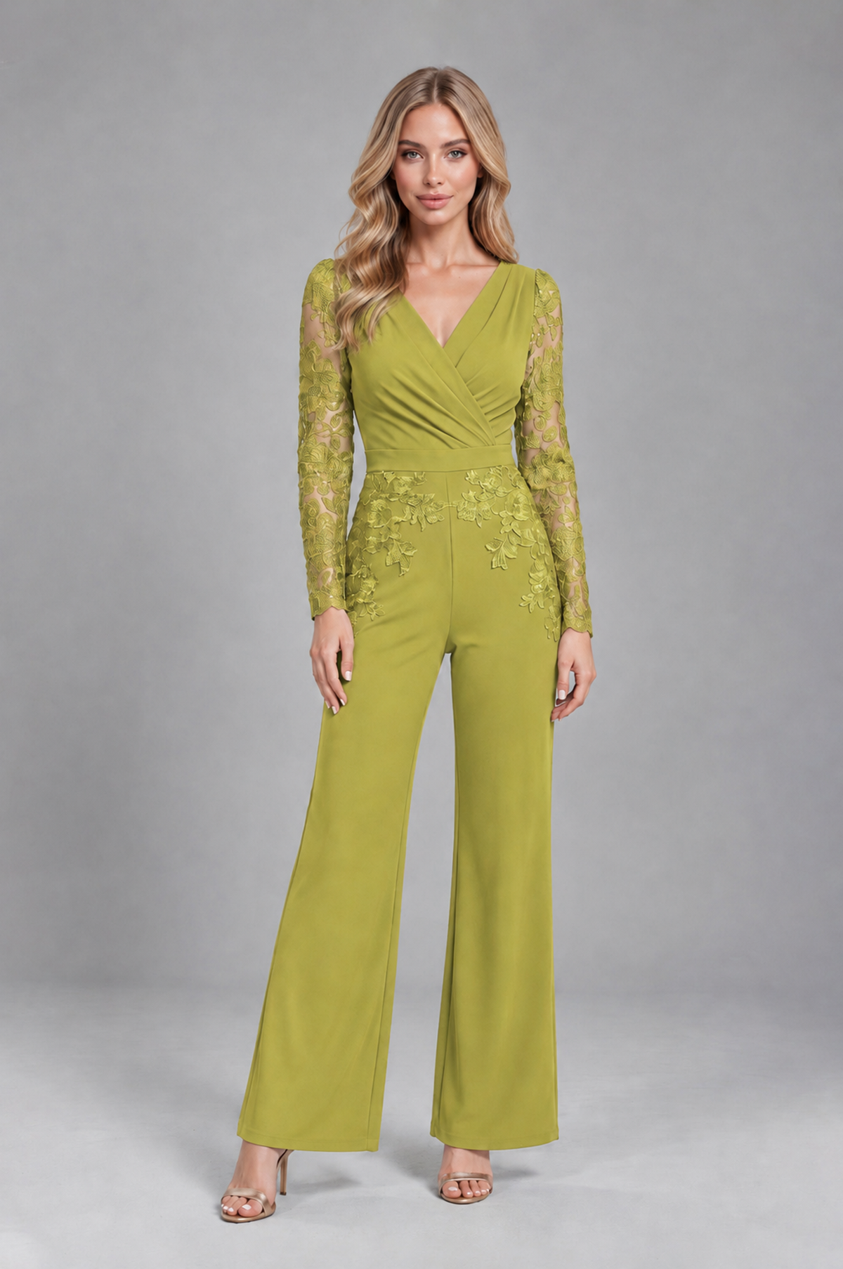 BOLODOO Chartreuse Lace Long-Sleeve V-Neck Mother Pant Suit - Chartreuse - Chartreuse_1