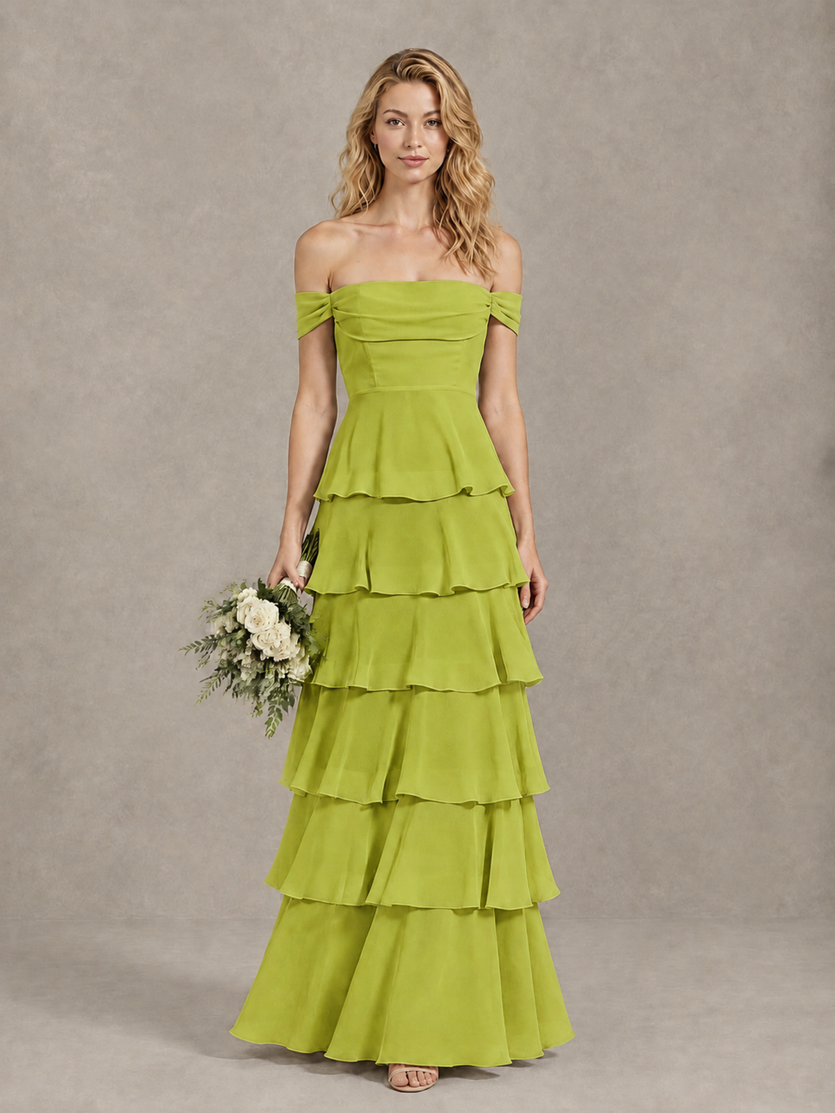 BOLODOO Chartreuse Off-Shoulder Tiered Ruffle Bridesmaid Dress with Lace-Up Back - Chartreuse - Chartreuse_1