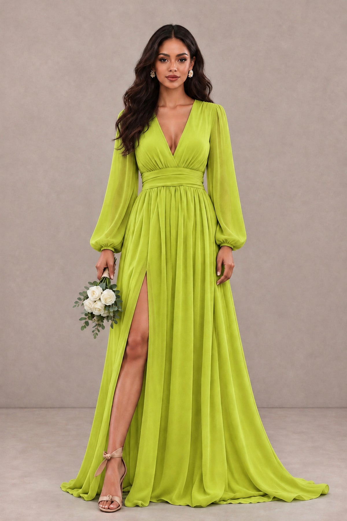BOLODOO Chartreuse Long Sleeve V-Neck A-Line Gown with Open Back & Slit - Chartreuse - Chartreuse_1