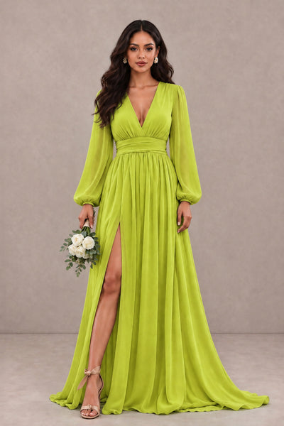 BOLODOO Chartreuse Long Sleeve V-Neck A-Line Gown with Open Back & Slit - Chartreuse - Chartreuse_1