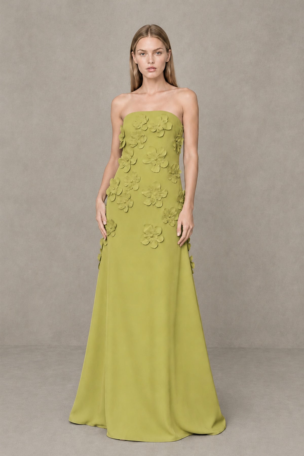 BOLODOO Chartreuse Strapless 3D Floral Appliqué Crepe Maxi Gown - Chartreuse - Chartreuse_1