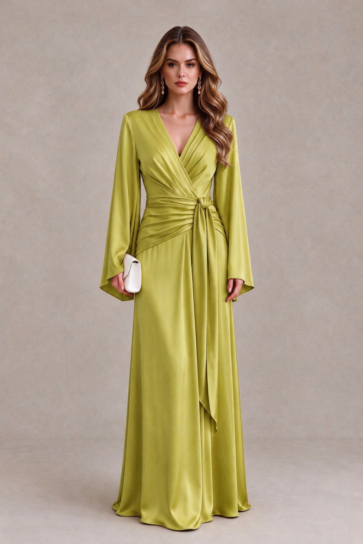 BOLODOO Chartreuse Yellow Satin-Look V-Neck Long Bell Sleeve Evening Dress - Chartreuse - Chartreuse_1